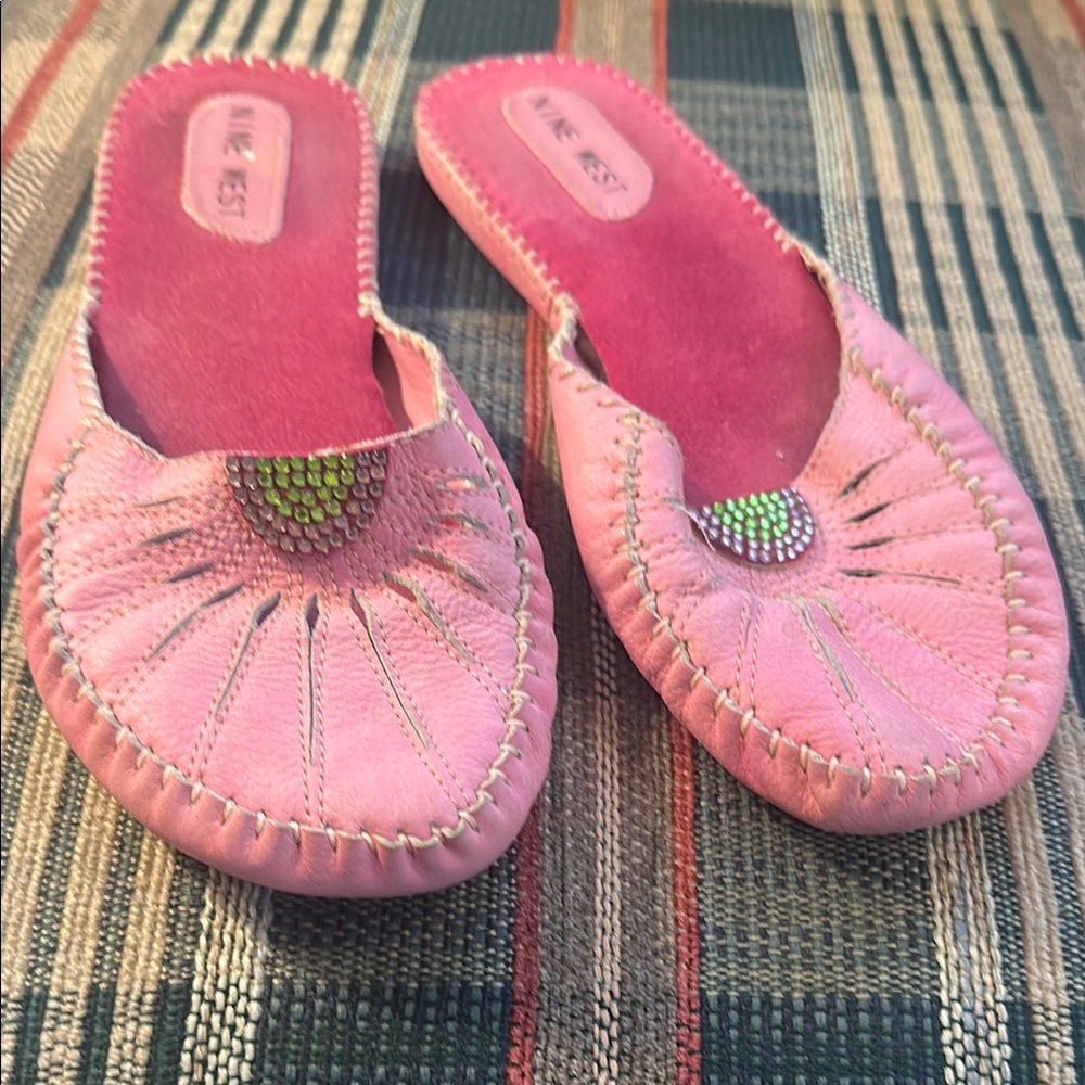 Nine West Pink Slippers with Moccasin Toe and Metallic Ornament